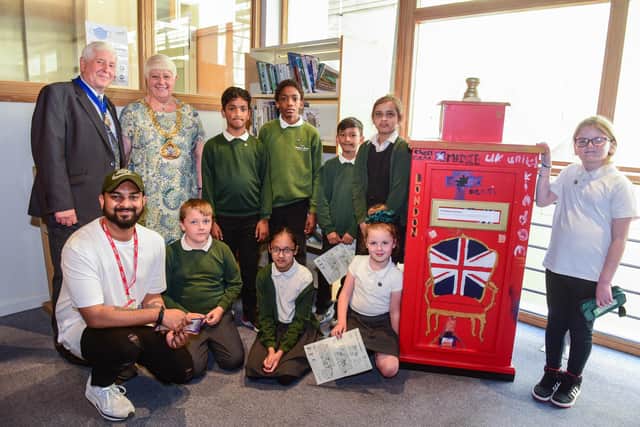 The Mayor of Sunderland Councillor Alison Smith and Consort David Smith at the exhibition of Jubilee post boxes made by local school children, helped by artists and cultural organisations, at Sunderland Museum and Winter Gardens. Pupils are from Hudson Road Primary School and artist Zubin Thomas is (front left).