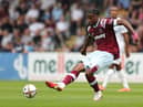 BOREHAMWOOD, ENGLAND - JULY 12:   Pierre Ekwah of West Ham United passes the ball during the pre season friendly match between Boreham Wood and West Ham United at Meadow Park on July 12, 2022 in Borehamwood, England. (Photo by David Rogers/Getty Images)