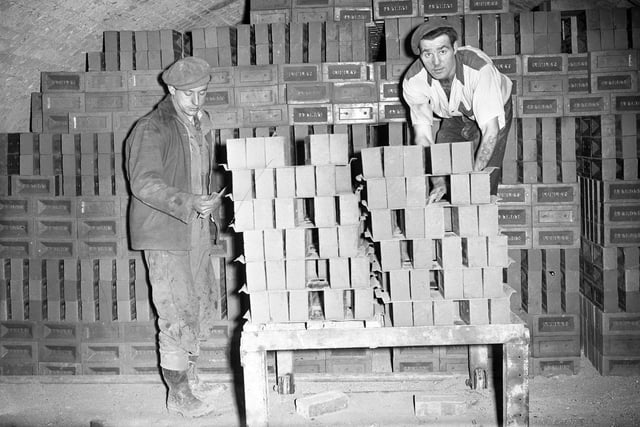 Bricks stacked in a chamber of the kiln to undergo a drying and firing process at Lumley Bricks in 1956.
