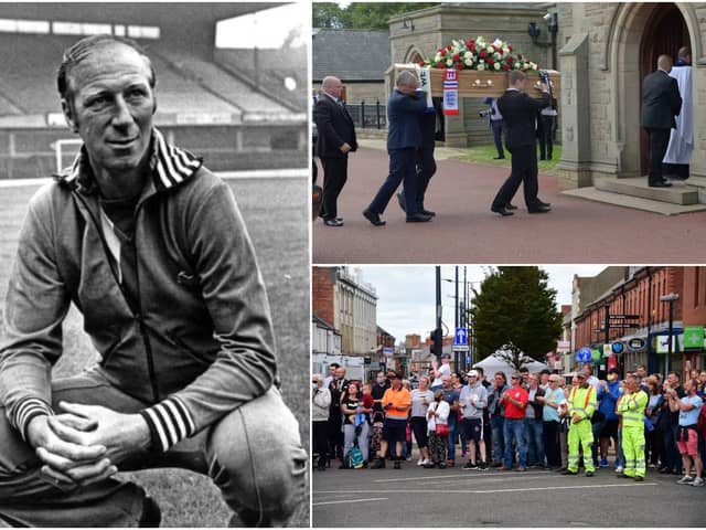 Hundreds of people, bottom right, filled Northumberland streets to bid farewell to Jack Charlton, left, before a family funeral service in Newcastle, top right.