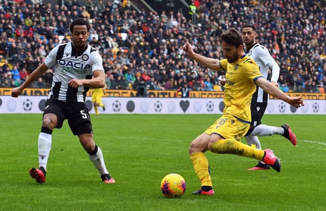 UDINE, ITALY - FEBRUARY 16: Fabio Borini of Hellas Verona in action during the Serie A match between Udinese Calcio and  Hellas Verona at Stadio Friuli on February 16, 2020 in Udine, Italy.  (Photo by Alessandro Sabattini/Getty Images)