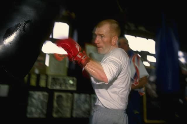 25 Apr 1997:  Billy Hardy of England on the heavy bag during a training session at a gym in Sheffield, England.