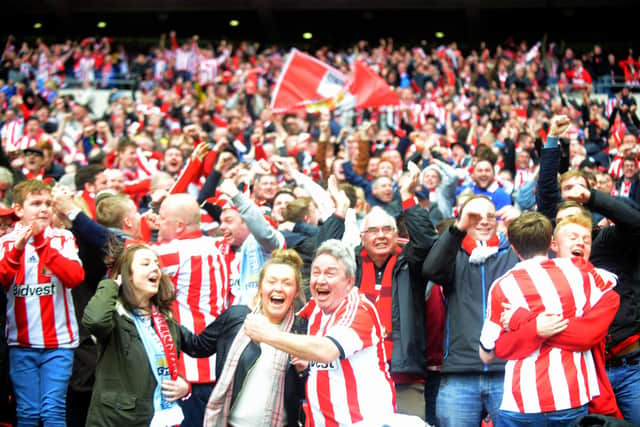 Sunderland fans celebrate as Fabio Borini gives their team the lead in the 10th minute at Wembley.