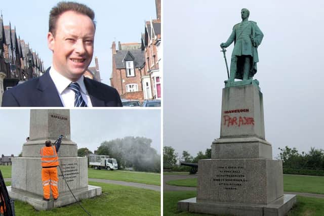 Top left: Councillor Robert Oliver speaks out after the vandalism of the Sir Henry Havelock statue (right)

Bottom left: A council worker removed the graffiti