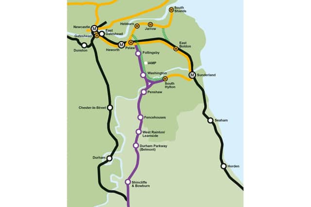 How the reopened Leamside line - in purple - and the Sunderland/South Tyneside loop - in green - could look
