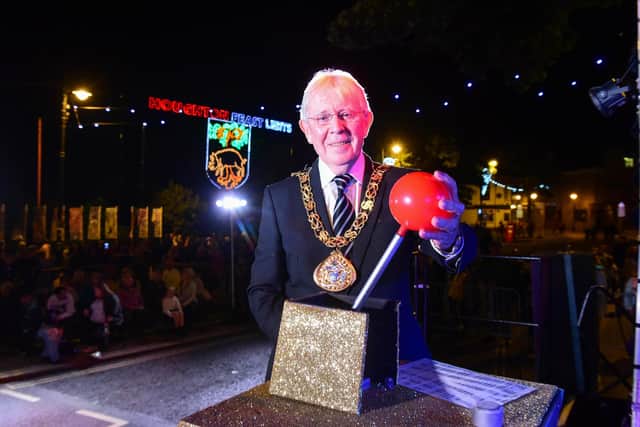 The Mayor of Sunderland Councillor. Henry Trueman switching on the lights at The Houghton Feast 2021 opening ceremony.