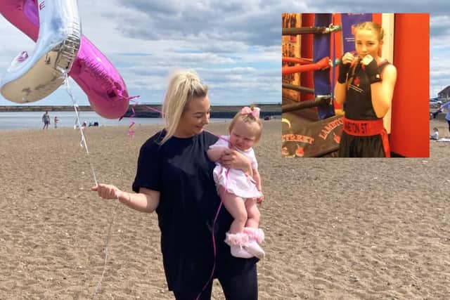 Jessica King, sister of Josie King, with her 10-month-old girl Josie Rae, as they released ballons on Roker Beach.