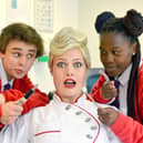 David Walliams Demon Dentist Sunderland Empire cast Miss Root (Emily Harrigan), Alfie (Sam Varley) and Gabz (Georgia Grant-Anderson).
