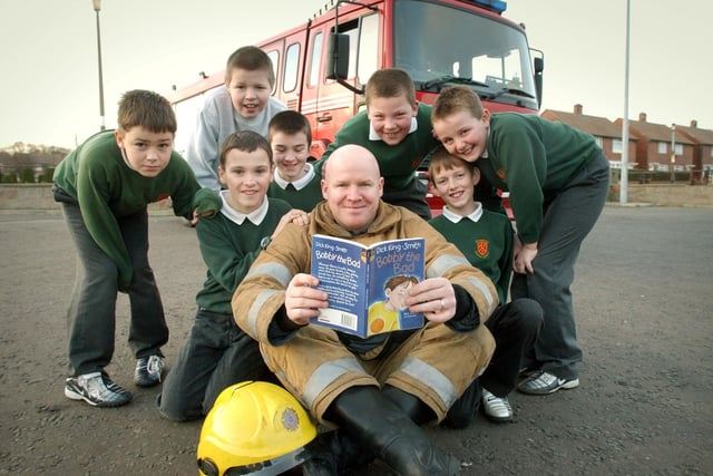 Eddie Harrison took on a spot of book reading at Grindon fire station in 2004. Here he is with members of the Broadway Boys Book Club - from left Gary Golightly, Bradley Cooper, Phillip Cooper, Craig Mason, Calum Potts, Lee Wilkinson and Steven Spurrs.