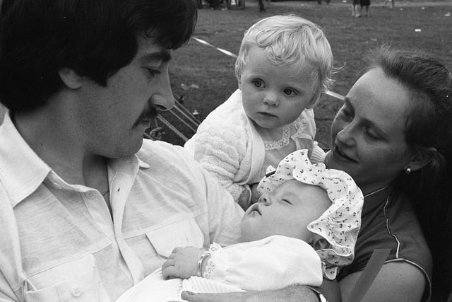 Winners off the two youngest sections, Emma Victoria Haley (front) wtih dad, Kenneth; and Lynn Heckles and mum, Elizabeth - pictured at the Sunderland Carnival Bonny Baby Competition in 1982.