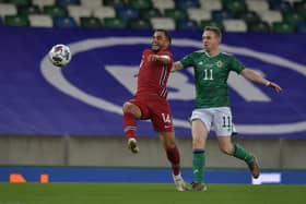 BELFAST, NORTHERN IRELAND - SEPTEMBER 07: Shane Ferguson of Northern Ireland and Omar Elabdellaoui of Norway during the UEFA Nations League group stage match between Northern Ireland and Norway at National Stadium on September 7, 2020 in Belfast, United Kingdom. (Photo by Charles McQuillan/Getty Images)