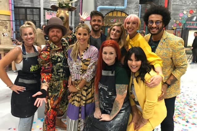 The Fantastical Factory of Curious Craft, hosted by Keith Lemon, in the hat, but without antlers, also starred Peterlee teacher Rochelle Charlton-Lainé, back row, third from right. Also pictured are TV personalities Vogue Williams, to the right of Keith Lemon, and Spencer Matthews, back, to the left of Rochelle.
