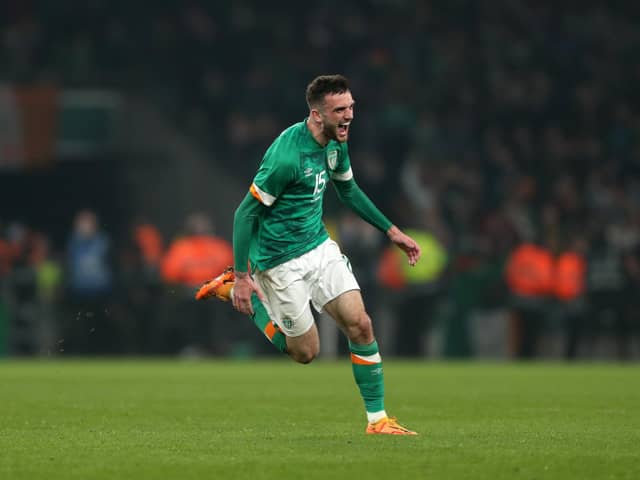DUBLIN, IRELAND - MARCH 29: Troy Parrott of Republic Of Ireland celebrates after scoring their side's first goal during the international friendly match between Republic of Ireland and Lithuania at Aviva Stadium on March 29, 2022 in Dublin, Ireland. (Photo by Oisin Keniry/Getty Images)