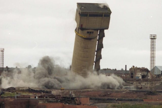 The last great reminder of Sunderland's mining heritage, the 63 metre high D Shaft tower of Wearmouth Colliery, is toppled in a controlled explosion.