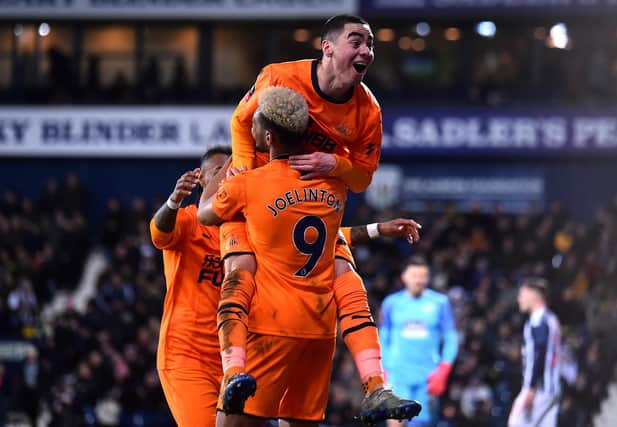 WEST BROMWICH, ENGLAND - MARCH 03: Miguel Almiron of Newcastle United celebrates scoring his sides second goal with Joelinton during the FA Cup Fifth Round match between West Bromwich Albion and Newcastle United at The Hawthorns on March 03, 2020 in West Bromwich, England. (Photo by Nathan Stirk/Getty Images)