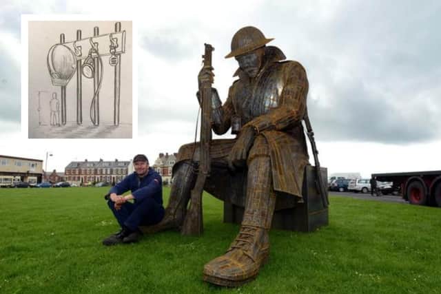 Ray Lonsdale at his beloved Tommy statue in Seaham and his sketch of how the new statue in Houghton will look