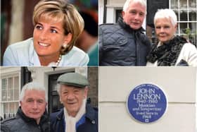 Clockwise from top left; Princess Diana (PA image), Trevor Ramsay with Judi Dench, the John Lennon plaque installed by Trevor and Trevor with Ian McKellen.