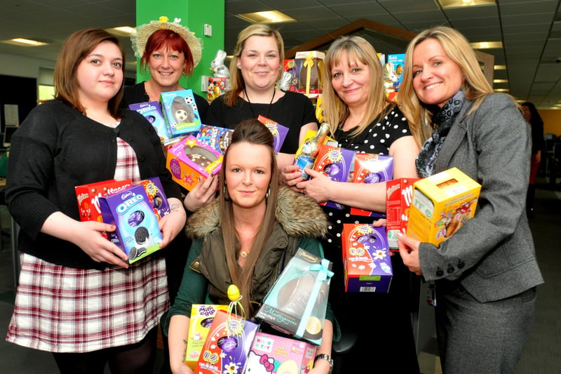 Toni Siggins (seated centre) of the charity Wearside Women in Need receiving Easter Eggs collected by the staff at EDF Energy, Doxford International, Sunderland. Remember this from 2014?