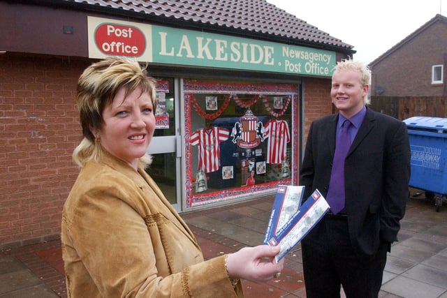The superb red and white window display at Lakeside News, Gilley Law, in 2004. It won Gail McCabe tickets to the FA Cup semi final that year.