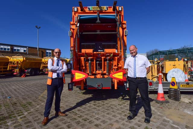 Peter Metcalfe Fleet Management & Compliance Officer (left) and Ian Bell Fleet Manager with Sunderland City Council's new Electric Refuse Collection Vehicle.