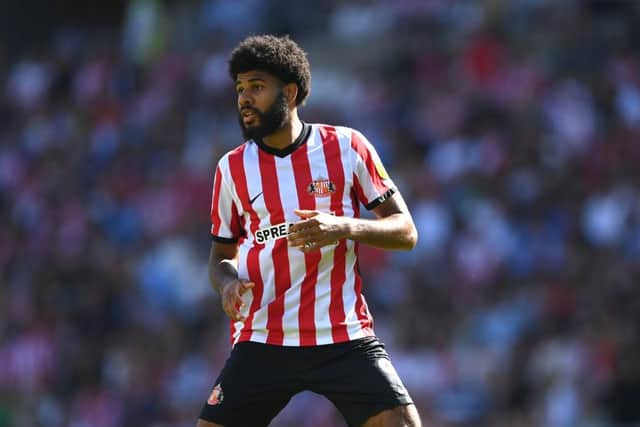 SUNDERLAND, ENGLAND - AUGUST 13: Ellis Simms of Sunderland in action during the Sky Bet Championship between Sunderland and Queens Park Rangers at Stadium of Light on August 13, 2022 in Sunderland, England. (Photo by Stu Forster/Getty Images)