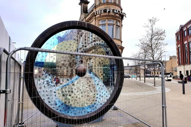 The Propellers of the City sculpture has been fenced off since vandals struck in December 2021.