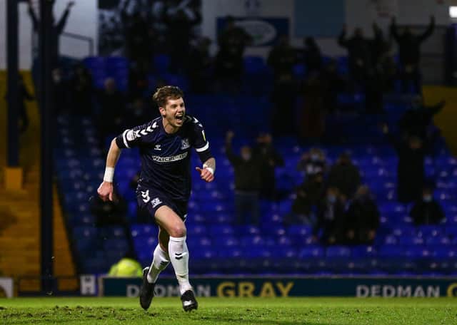 Greg Halford of Southend United celebrates his team's third goal during the Sky Bet League Two match between Southend United and Grimsby Town at Roots Hall.