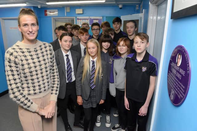 England legend and Queen of the Jungle Jill Scott visits her former school, Monkwearmouth Academy, to unveil a plaque in her honour.