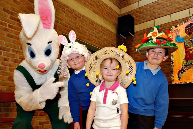 The Asda bunny was checking out the Easter bonnets worn by pupils Lynzi Saunders, Jessica Little and Raymond Monks in 2004.