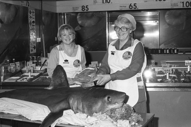 Shark steaks at Fine Fare, Southwick with Susan Hossack and Betty Crompton preparing the display.