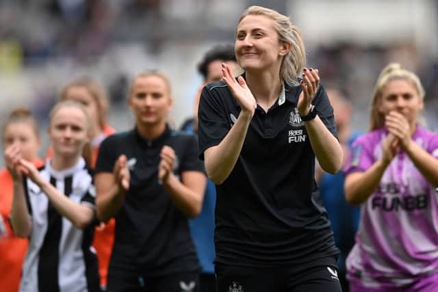 Newcastle United Women's manager Becky Langley applauds the fans after the FA Women's National League Division One North match against Alnwick Town Ladies at St James' Park on May 01, 2022 in Newcastle upon Tyne, England. (Photo by Stu Forster/Getty Images)