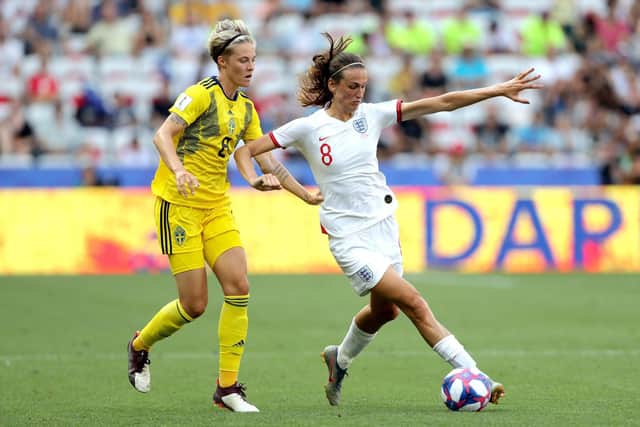 The tournament is named after Jill Scott, playing here for England against Sweden. PA image.