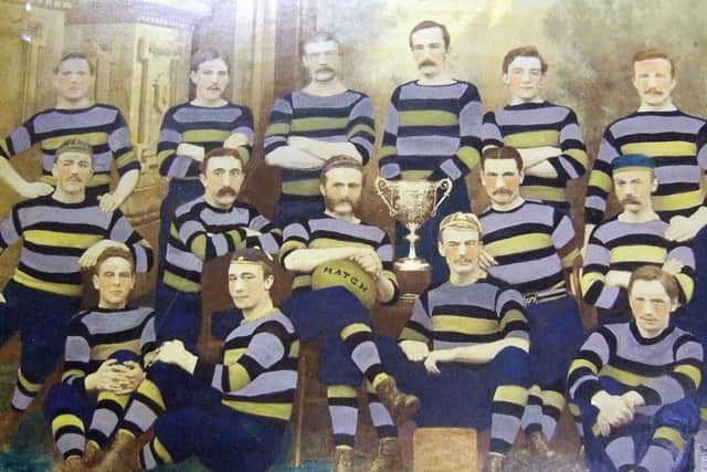 Sunderland RFC’s County Cup winning side of 1881 with Arthur Laing as captain (with ball) and his brother James who is wearing a cap on the left of the picture on the same row.