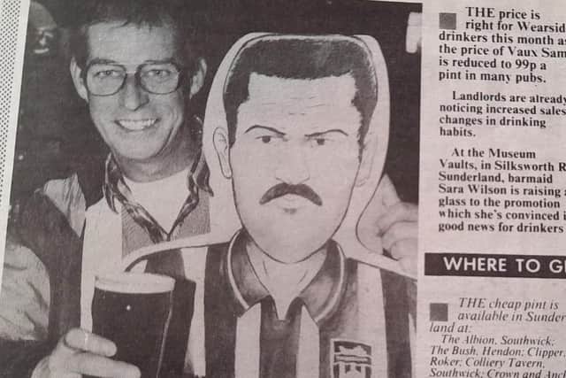 Museum Vaults regular, the late Rob Coggins, celebrating 99p per-pint Samson in November 1993 with (nobody knows why) a plywood cut-out of Sunderland striker Don Goodman. Sunderland Echo image.