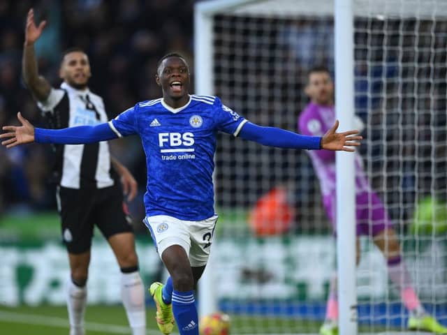 Patson Daka celebrates Leicester City's second goal.