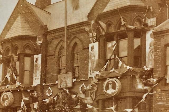 The Southwick Council Offices in June 1911, decorated to celebrate the Coronation of King George V.