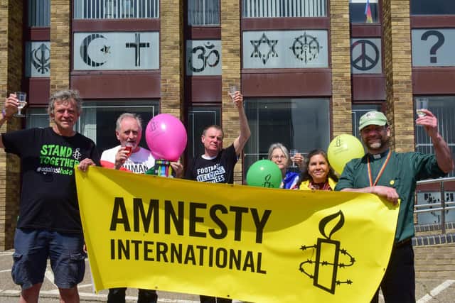 Celebrating Amnesty International's 60th anniversary at St Peter's Campus, from left,  Steve Newman chair of Wearside Amnesty International Group, Bob Miller, Dick Curran, Hana Knotek, Maria Lucila Velez and Rev Chris Howson. Picture by Kevin Brady.