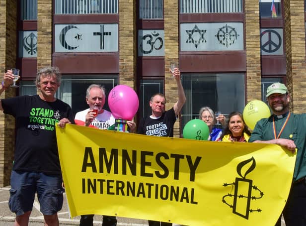 Celebrating Amnesty International's 60th anniversary at St Peter's Campus, from left,  Steve Newman chair of Wearside Amnesty International Group, Bob Miller, Dick Curran, Hana Knotek, Maria Lucila Velez and Rev Chris Howson. Picture by Kevin Brady.