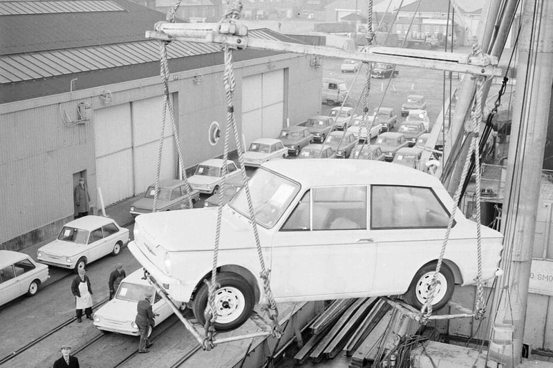 A batch of 65 Hillman Imps - The first big consignment for overseas market on the quayside at Leith