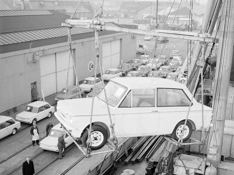 A batch of 65 Hillman Imps - The first big consignment for overseas market on the quayside at Leith