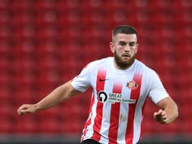 SUNDERLAND, ENGLAND - OCTOBER 13: Sunderland player  Patrick Almond in action during the Papa John's Trophy between Sunderland and Manchester United U21 at Stadium of Light on October 13, 2021 in Sunderland, England. (Photo by Stu Forster/Getty Images)