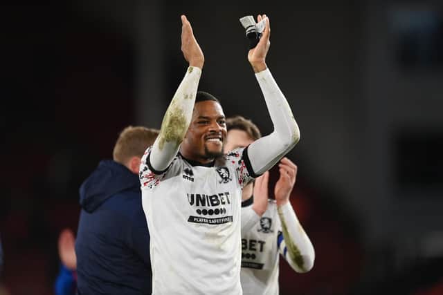 SHEFFIELD, ENGLAND - FEBRUARY 15: Chuba Akpom of Middlebrough celebrates after the Sky Bet Championship between Sheffield United and Middlesbrough at Bramall Lane on February 15, 2023 in Sheffield, England. (Photo by Michael Regan/Getty Images)
