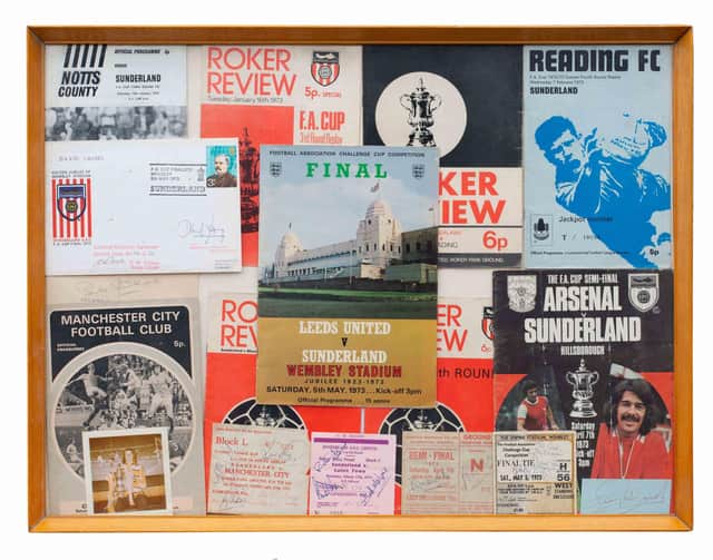 Paul Dobson’s framed tickets, programmes and photos from Sunderland’s 1973 FA Cup run.

Photograph: Julian Germain