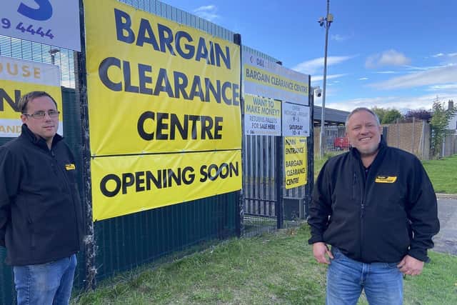 Dean Kelly (34) (left) with his business partner Lee Taylor (47) outside of the Bargain Clearance Centre, Washington. Picture by FRANK REID