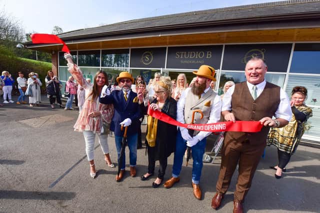 Official opening of new Studio B shop, next to Sainsbury's,in Silksworth Lane, Sunfeeland on Good Friday. Pictured cutting the ribbon are  l-r Sara Stafford, Ken Stamp, Anne Stamp, Jamie Stamp and John Cornforth.