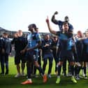 Wycombe players celebrate after beating MK Dons over two legs in the League One play-offs. (Photo by Marc Atkins/Getty Images)