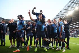 Wycombe players celebrate after beating MK Dons over two legs in the League One play-offs. (Photo by Marc Atkins/Getty Images)