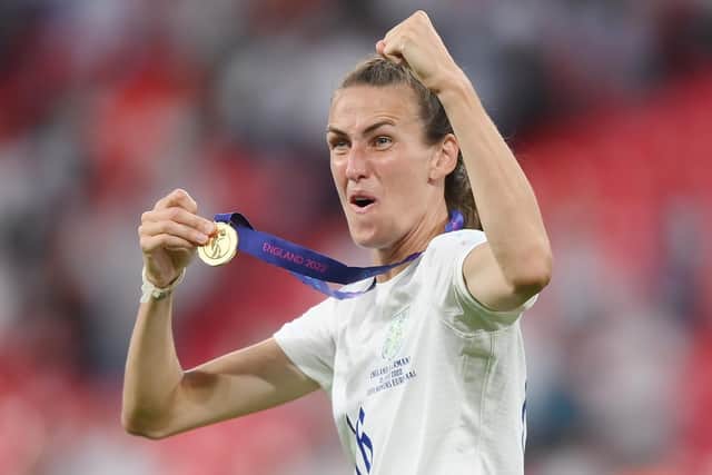 Jill Scott celebrates after the 2-1 win during the UEFA Women's Euro 2022 final match between England and Germany. Picture: Shaun Botterill/Getty Images.