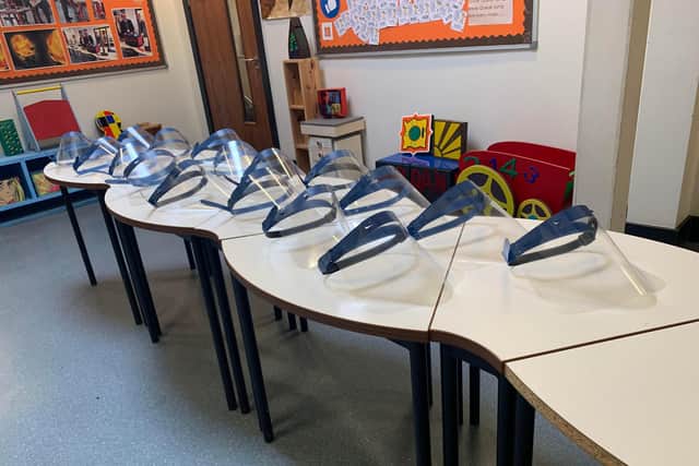 Some of the finished face shields made by DT teachers at Dene Academy in Peterlee.