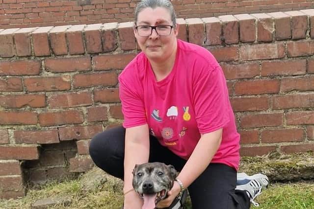 Debra Hope with Samson the dog. Debra is raising money for Brain Tumour Research.
